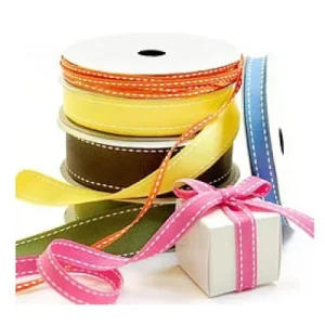 1in. x 50 yd, Grosgrain fabric Ribbon w/Saddle Stitch Pattern, Navy-White