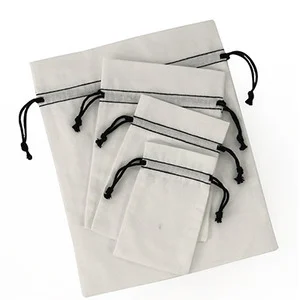6 x 14, White Cotton Drawstring Pouches, Black Cords