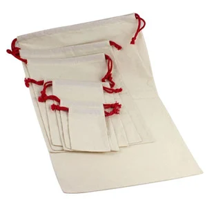 6 x 14, White Cotton Drawstring Pouches, Red Cords